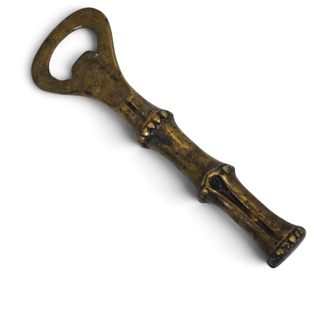 Vintage Brass Bamboo Handle Bottle Opener Heavy Barware 6
